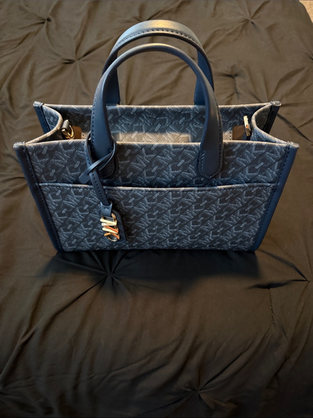 Michael Kors Navy Jacquard Tote with Gold-Tone MK Charm